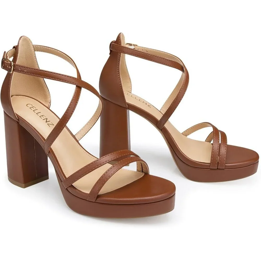 Women's Brown Sandal Stylish Comfortable Chunky Blocked Strappy Heel Shoe